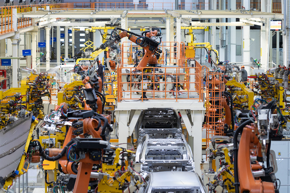 body of car on conveyor Modern Assembly of cars at plant. automated ...