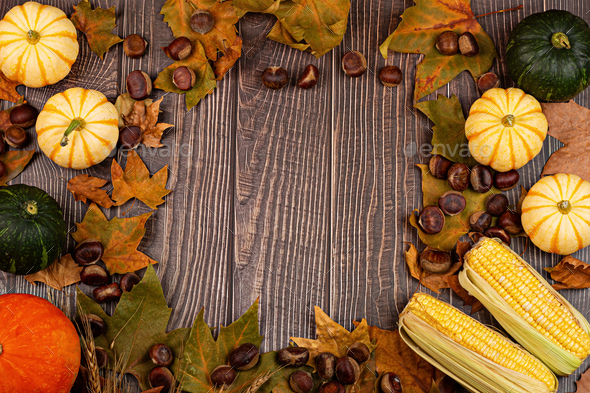 Autumn composition with pumpkins, corns, leaves and chestnut on brown wooden table. Flat lay, top - Stock Photo - Images