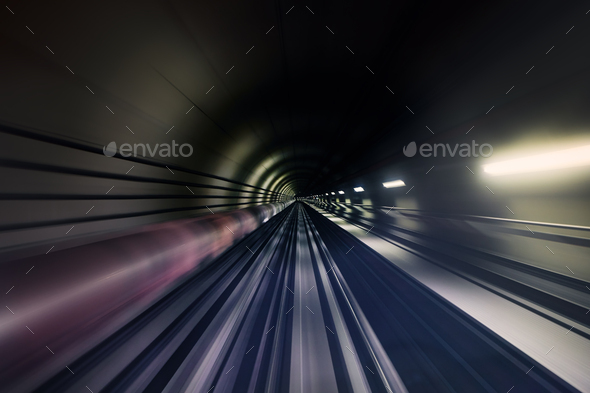 Railroad track in underground tunnel - Stock Photo - Images