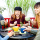 Diverse people group drinking latte at coffee bar garden - PhotoDune Item for Sale