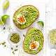 Avocado toast with boiled egg, seeds and sprouts on white background. Healthy diet food. Top view - PhotoDune Item for Sale