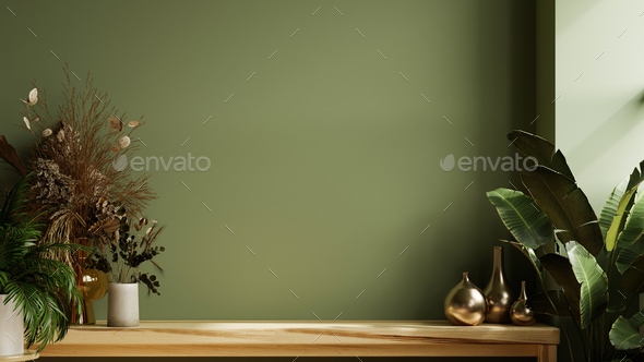 Mockup Green Wall Panelling With Wooden Shelf In Kitchen Room Stock 