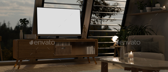Television blank screen mockup on minimal wood TV cabinet in comfortable home living room
