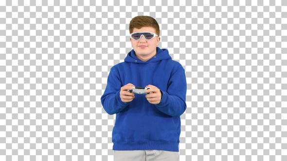 Cool modern kid playing video game in sunglasses, Alpha Channel alt