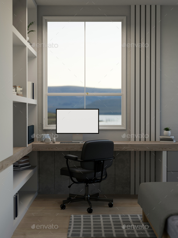 Modern minimal home working space in bedroom interior design with computer mockup on table Stock