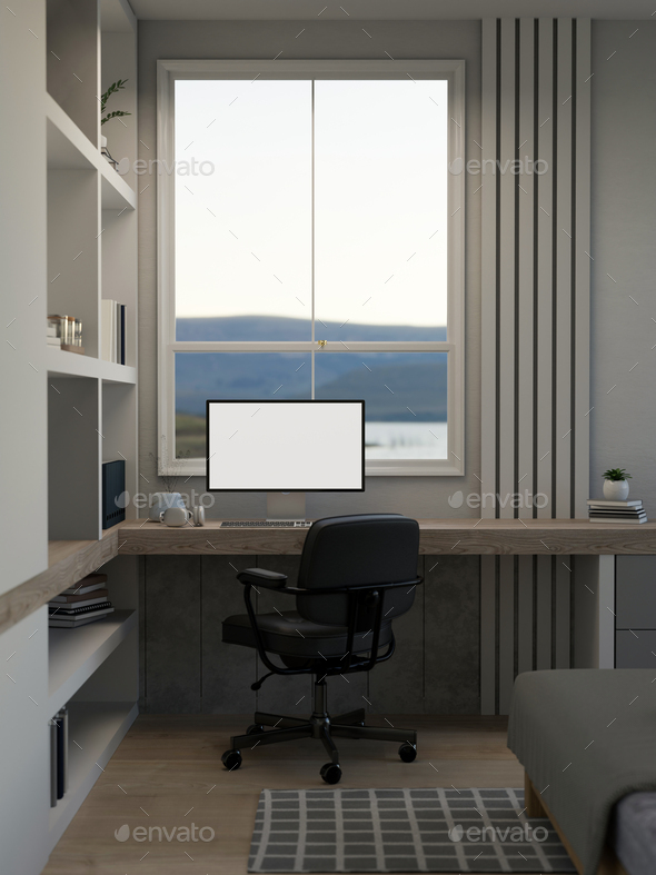 Modern minimal home working space in bedroom interior design with computer mockup on table