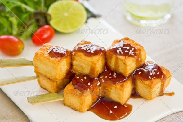 Grilled Tofu with Teriyaki sauce and salad - Stock Photo - Images