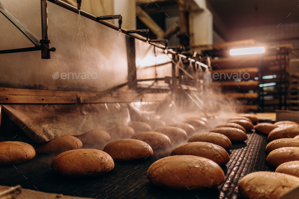 The oven in the bakery. Hot fresh bread leaves the industrial oven in a bakery. Automatic bread