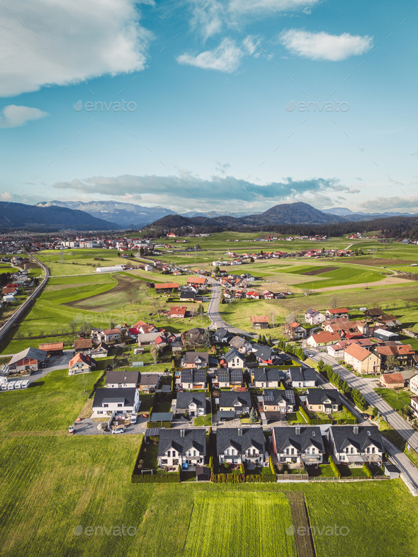 Aerial view of smaller residential area with new build houses in the countryside of Slovenia