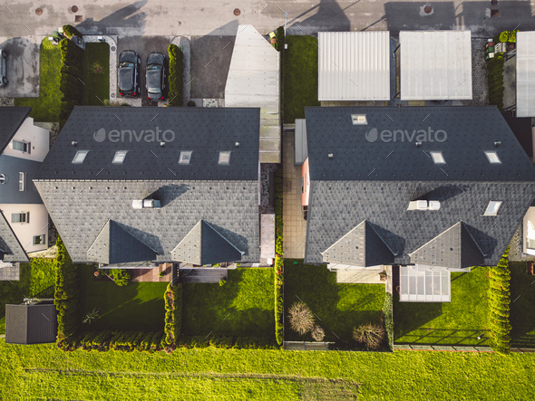 Top down view of suburban family homes, two duplex houses next to each other