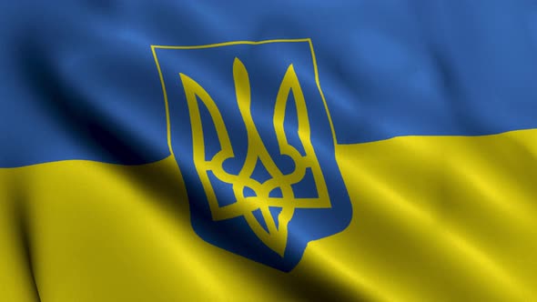 Ukraine Satin Flag With Coat of Arms. Waving Fabric Texture of the Flag of Ukraine alt