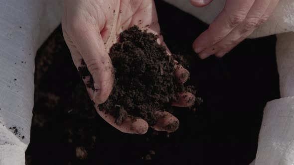 Taking a handful of soil and feeling its texture