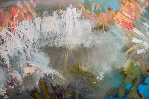 Close up detail of brushstrokes in acrylic and oil paint on an artist's ...