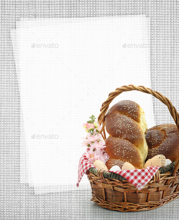 Easter sweet bread in a basket with blank paper recipe card