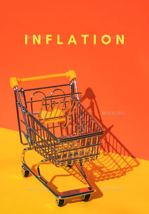 kever Aankoop moreel INFLATION text against Empty shopping trolley cart on isometric orange  yellow background. Small toy Stock Photo by yanishevskaanna