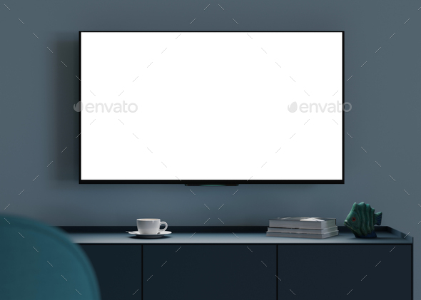 TV mock up. LED TV with blank white screen, hanging on the wall at home. Copy space for advertising