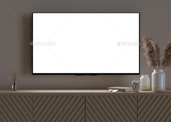 TV mock up. LED TV with blank white screen, hanging on the wall at home. Copy space
