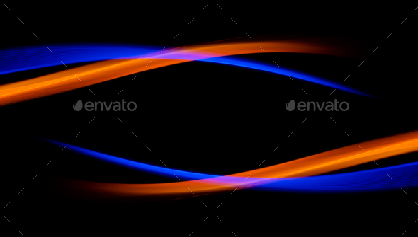 Abstract technology banner design. Digital neon orange and blue lines on black background.