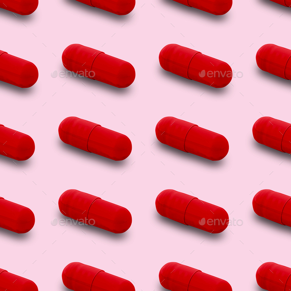 Gel capsule seamless pattern. Red capsule drug, pharmacy concept. food
