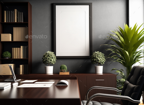 Premium frame Mockup with an interior in the style of a law firm business office. 3D render