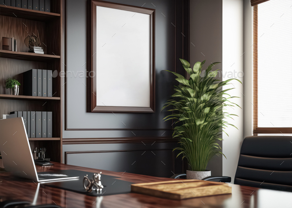 Premium frame Mockup with an interior in the style of a law firm business office. 3D render.
