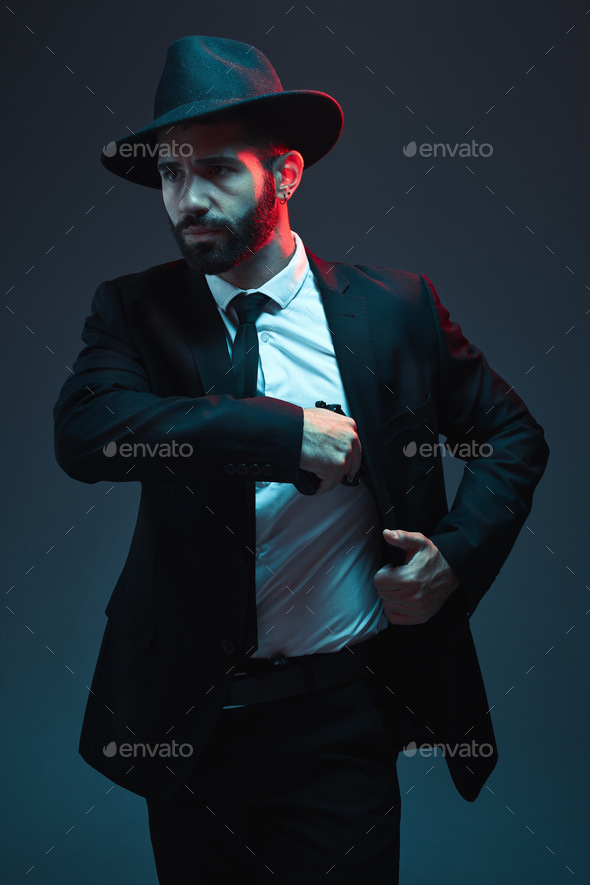 Mafia, gangster and man in a classy suit for security business isolated