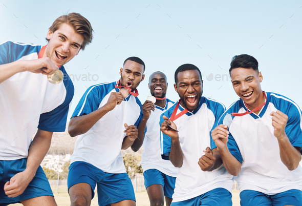 Man, soccer players and celebration with gold medal for victory, championship or winning match or g