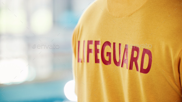 Lifeguard, closeup and swimming pool safety at indoor facility for training, swim and exercise. Poo