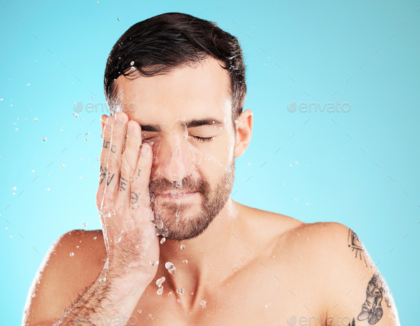 Water drop skincare and man with hand on face morning cleaning