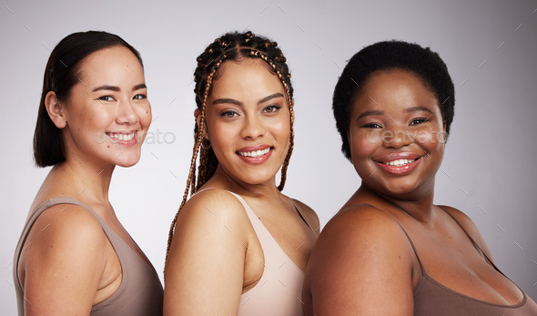 Portrait, skin and diversity with woman friends in studio on a