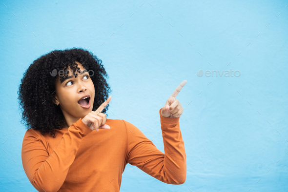Black woman, wow or pointing hands at promotion mockup, advertising space or marketing mock up on b