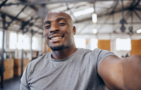 Gym, exercise and selfie portrait of black man smile for motivation ...