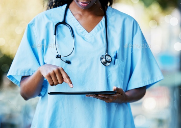 Doctor hands, tablet technology and medical research, healthcare software and hospital management a