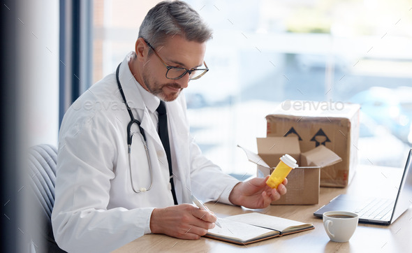 Writing doctor, pills or order box in medical delivery, prescription logistics or medicine shipping