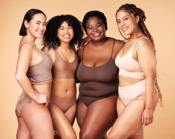 Body, diversity and portrait of different women group hug for inclusion, beauty and skincare. Aesth