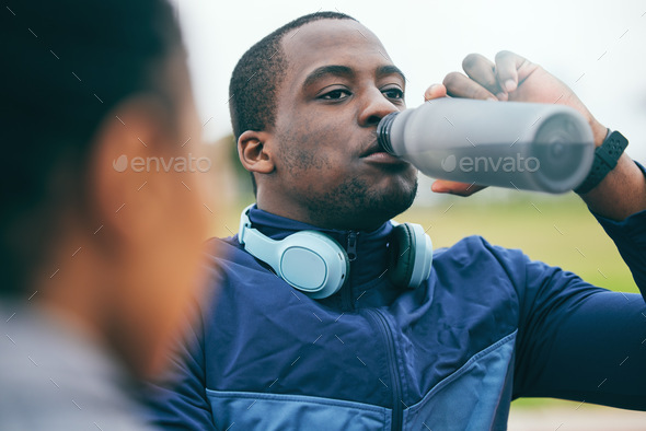 Portrait Fitness And Water Bottle With A Sports Black Man Or