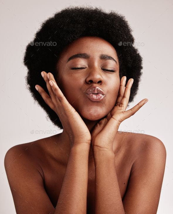 Black Woman Kiss And Model Face With Skincare Beauty And Spa Aesthetic In A Studio Isolated