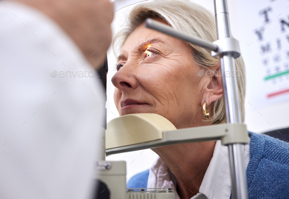 Eye exam, vision or laser test for a woman with a machine at optometry consultation for retina prob - Stock Photo - Images