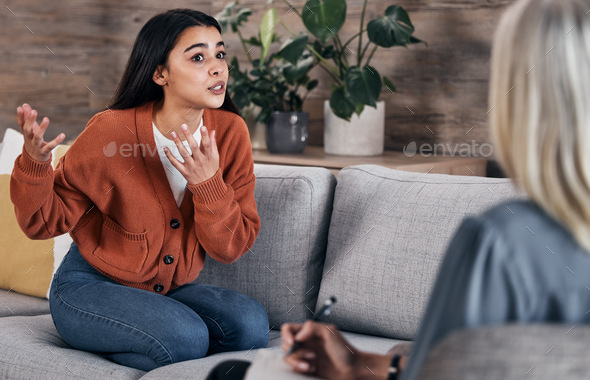 Counseling, psychology woman and angry patient in therapy for mental health problem, stress or anxi