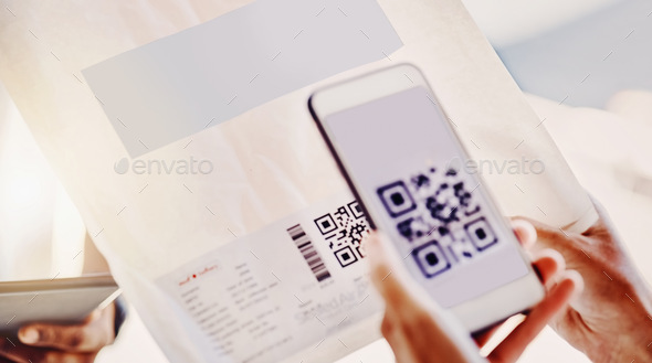 QR code, customer delivery and phone for digital logistics, paperless distribution or invoice. Mobi