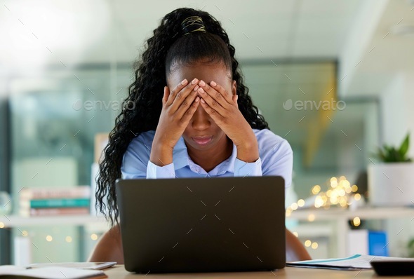 Black woman, laptop or stress in financial loss, company budget or stock market mistake in business