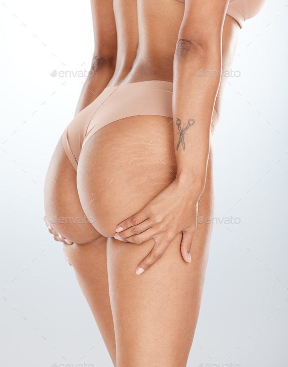 Woman underwear, hands or lifting butt in bum surgery, cellulite