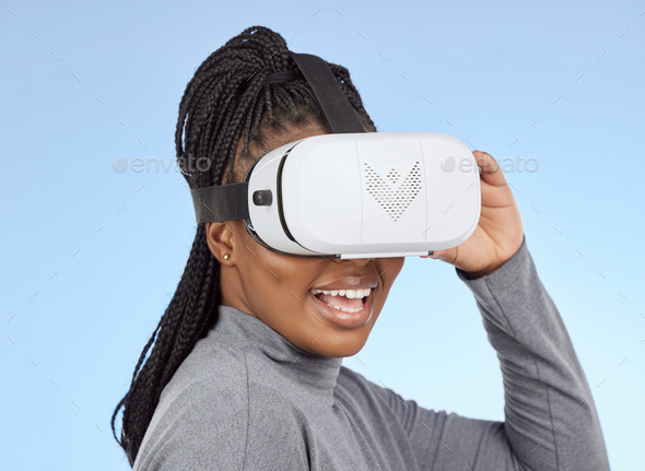 Vr, gaming and wow with black woman and metaverse for future, cyber and 3d system. Media, ui and we