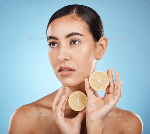 Lemon skin care, beauty and woman with vitamin c for dermatology