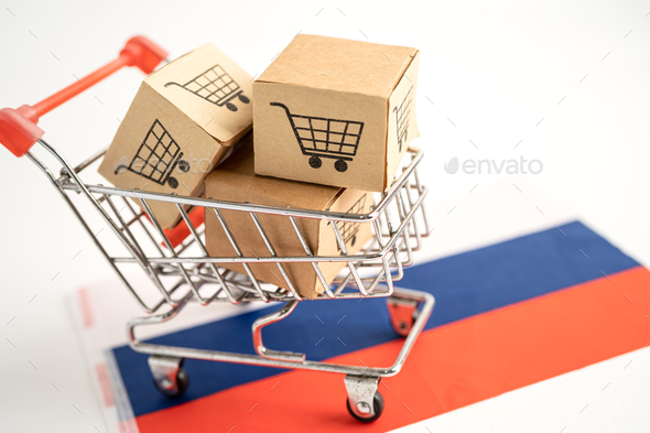 Box with shopping cart logo and Russia flag, Import Export Shopping online.