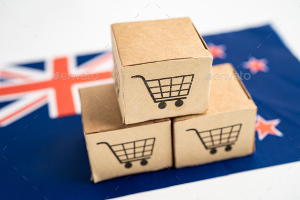 Box with shopping cart logo and New Zealand flag, Import Export Shopping online.