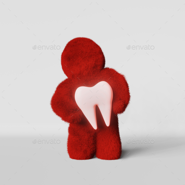 Cute furry Yeti monster holds red aching molar tooth Toothache Oral care Wisdom teeth extraction.