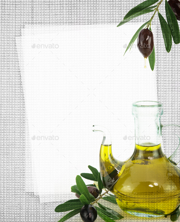 Recipe card. Bottle of olive oil on fabric texture