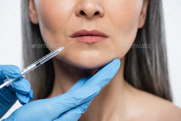 Cropped View Of Naked Adult Woman And Doctor In Latex Gloves Holding Syringe With Beauty