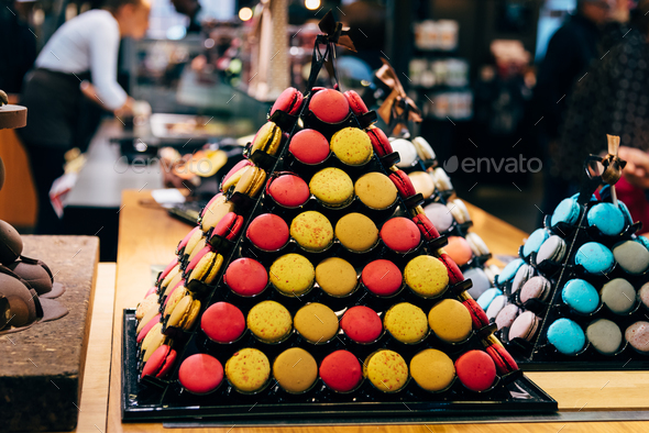 Pyramid of colorful macaroons in trendy bakery - Stock Photo - Images